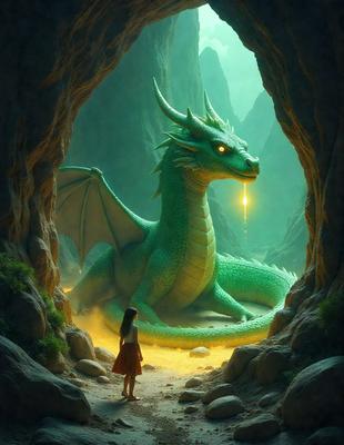 The primary subject of the image is a large green dragon. The dragon is standing in a cave, with a woman standing nearby. The setting is a cave with a rocky background. The visual style is digital art, and the dominant colors are green and yellow. The overall atmosphere is mysterious and fantastical.